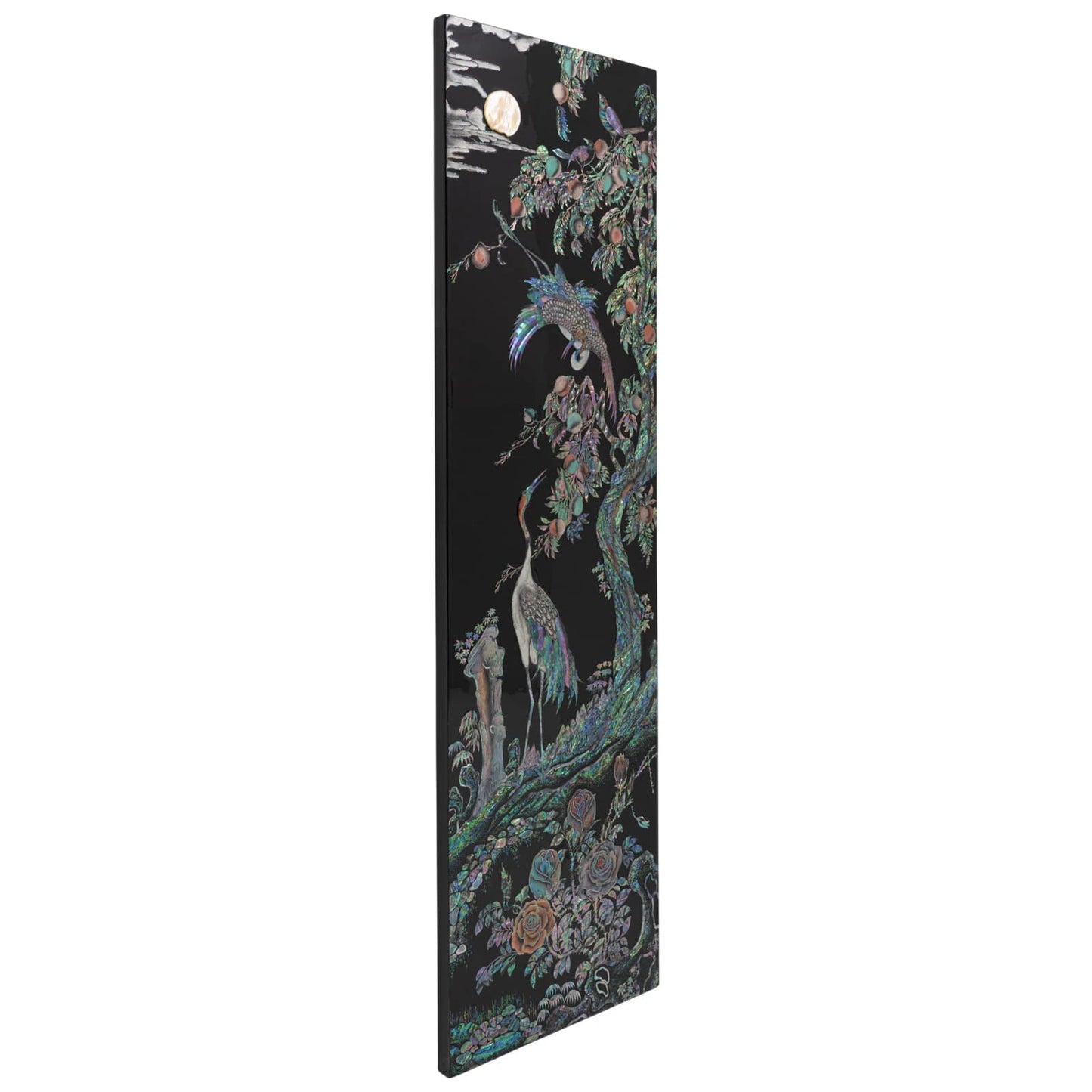 Angled side view of mother-of-pearl wall art panel, slim black lacquer frame with detailed crane and floral inlay design