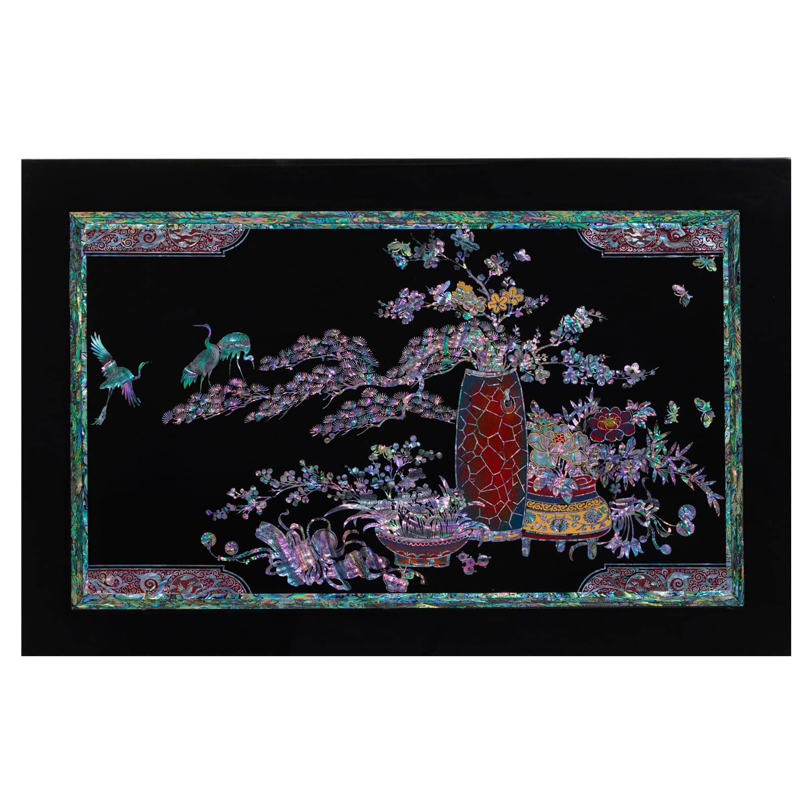 Korean Mother of Pearl wall art showcases a radiant red vase and teal birds amidst blossoming purple-pink branches. Framed by intricate teal and red borders, this piece embodies traditional Korean craftsmanship.