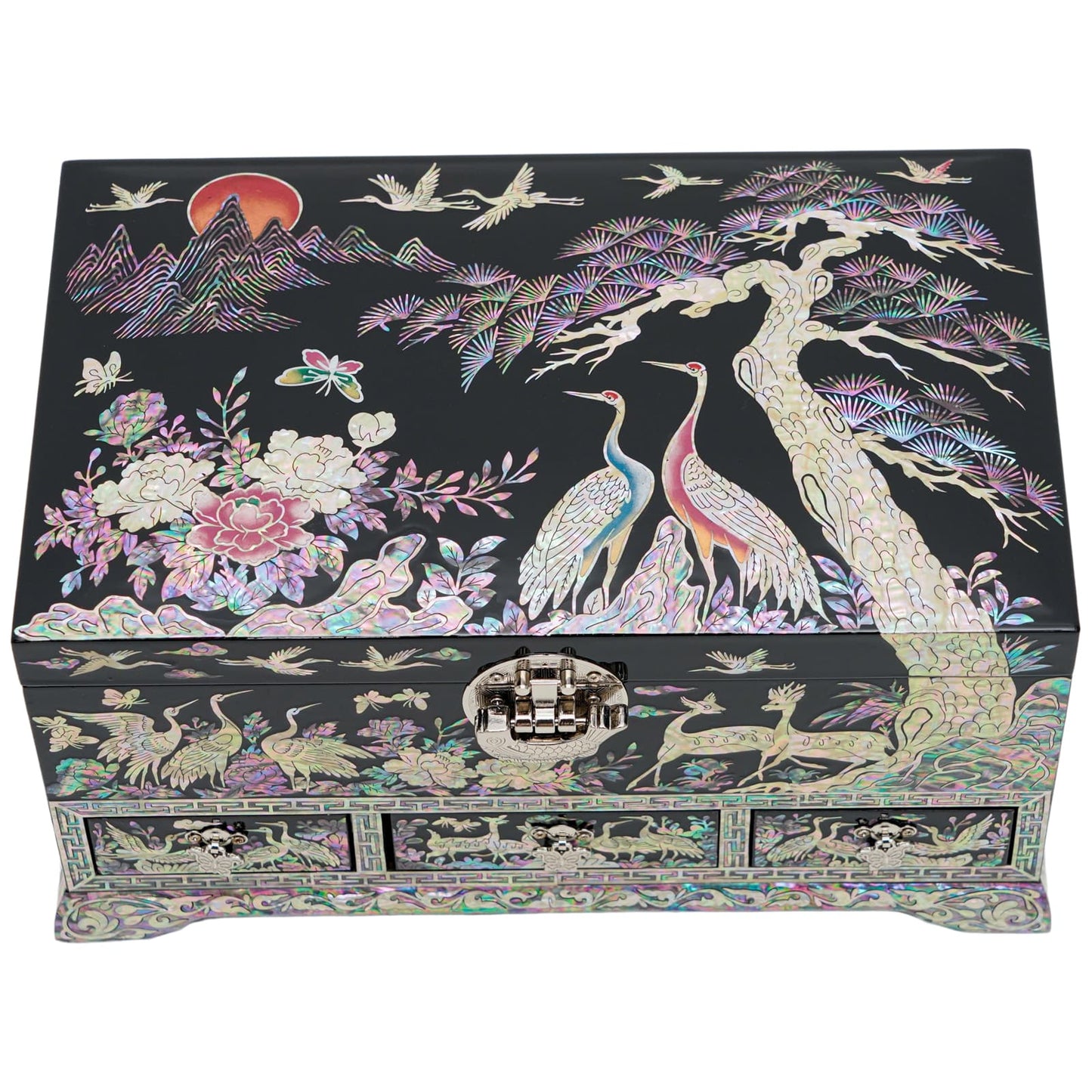 The image showcases a black lacquered jewelry box featuring a mother-of-pearl inlay with cranes, peonies, and a picturesque mountain scene, detailed with vibrant colors and traditional Korean artistic elements.