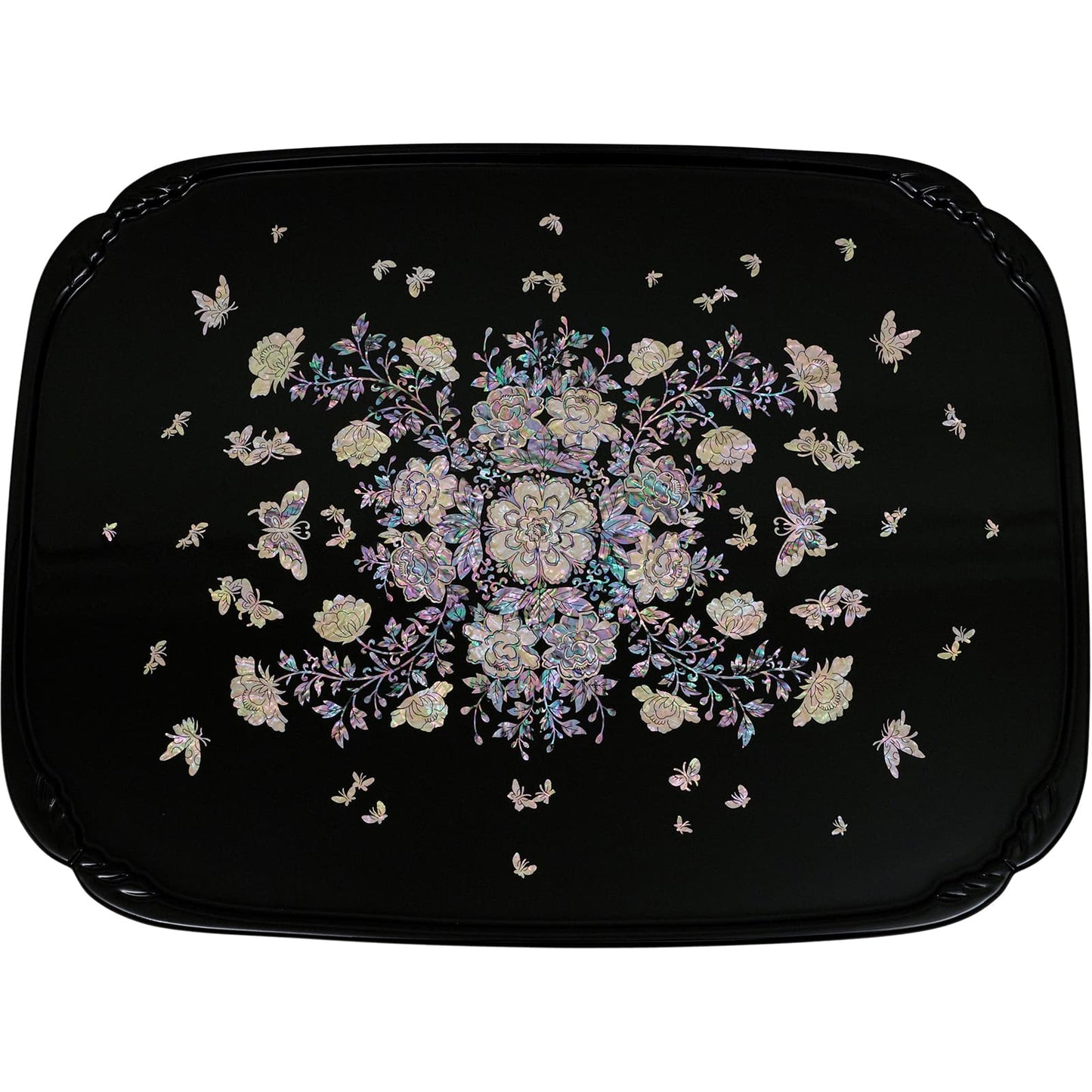 Tabletop with detailed mother-of-pearl and butterfly design.