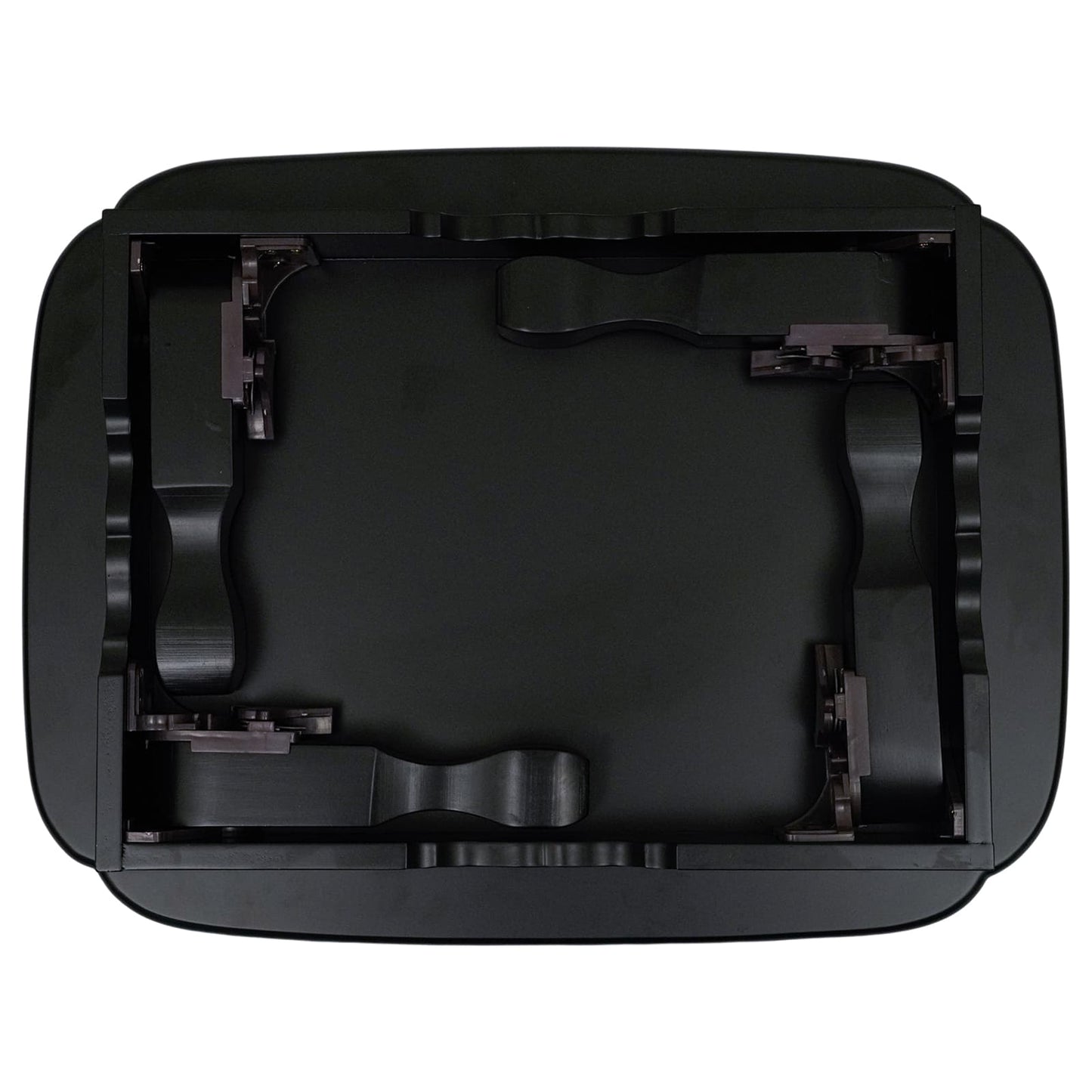 Bottom view of a black foldable table with latch details.