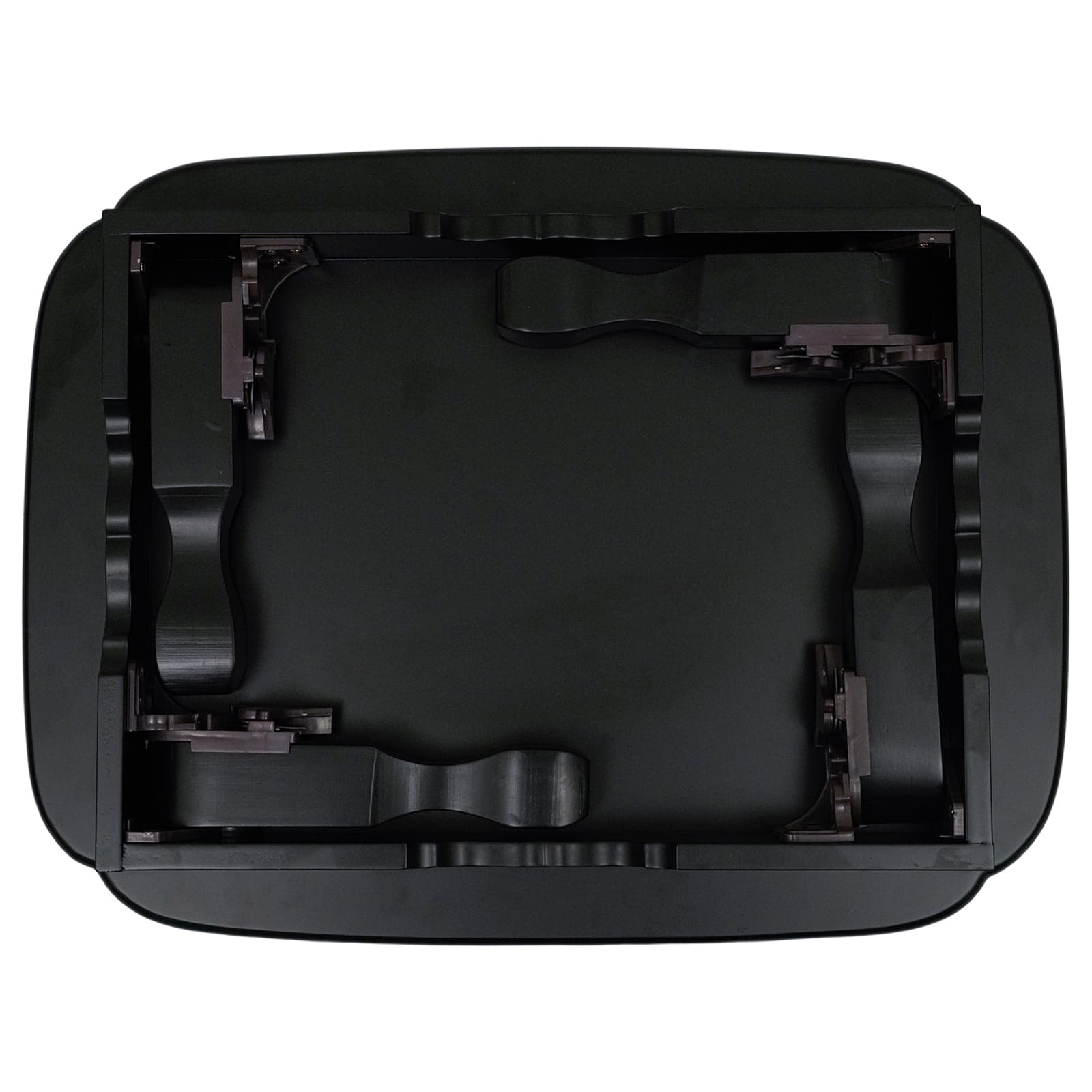 Bottom view of a black foldable table with latch details.