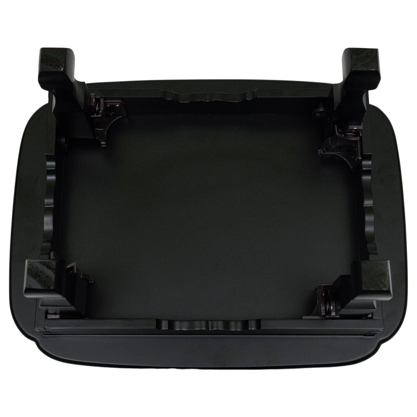 Bottom view of a black foldable table with latch details.