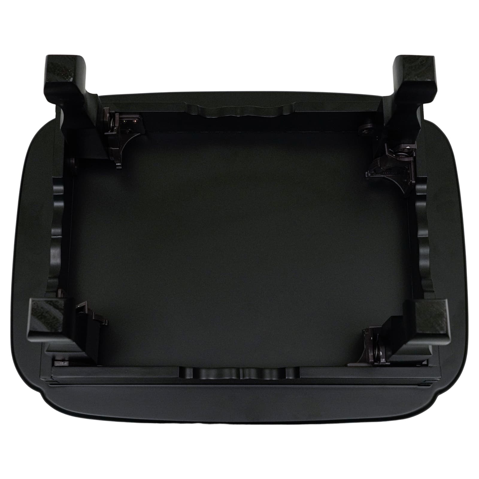 Bottom view of a black foldable table with latch details.