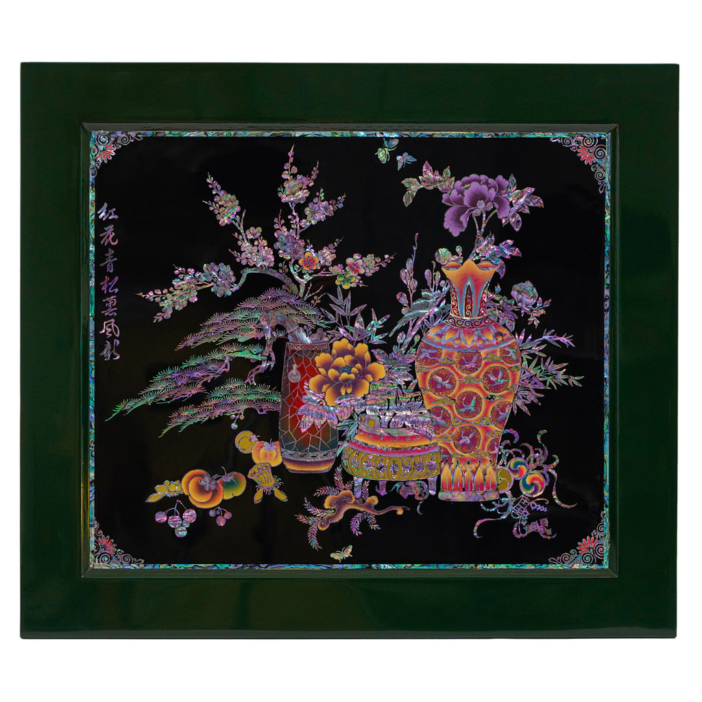 Korean mother of pearl artwork on a deep black background, encased in a dark green frame. Features radiant, multi-colored vases with blossoming flowers, intricate ferns, and delicate patterns, all shimmering in opalescent hues.