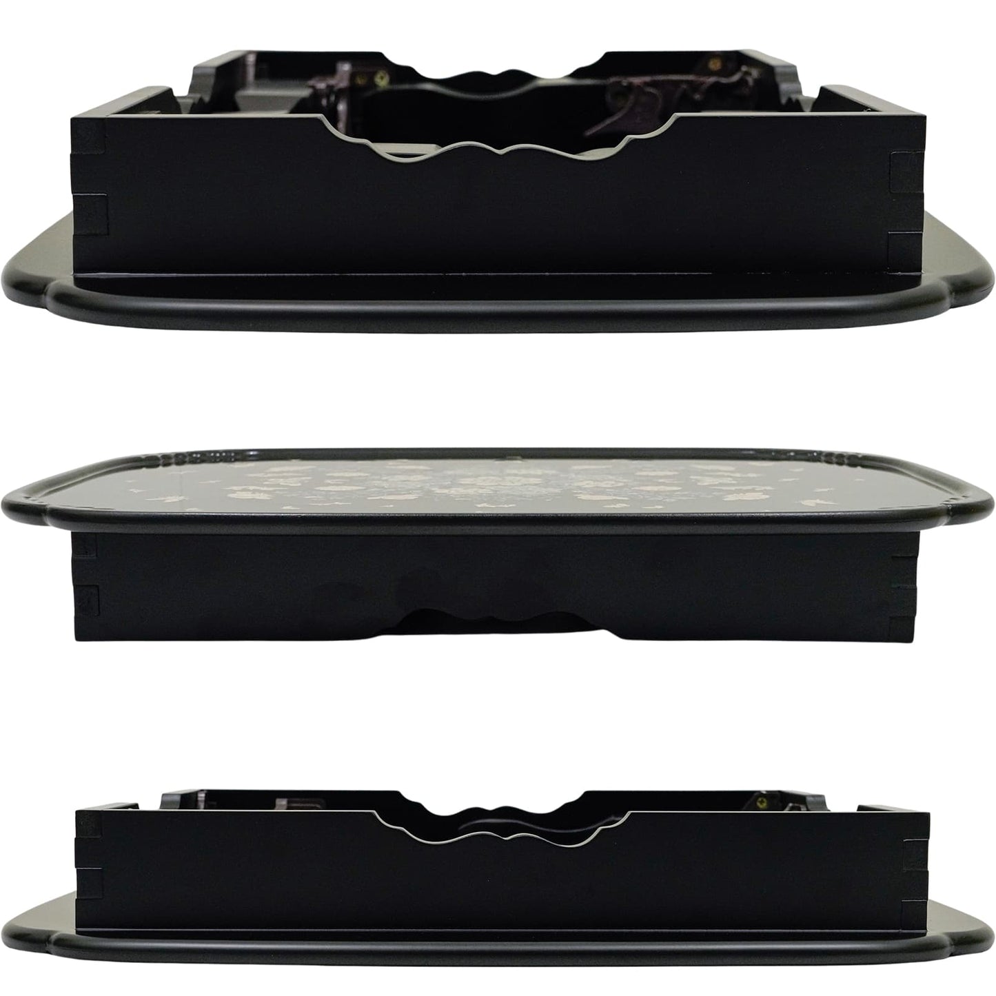 Side views of a foldable black table showcasing the profile and legs.