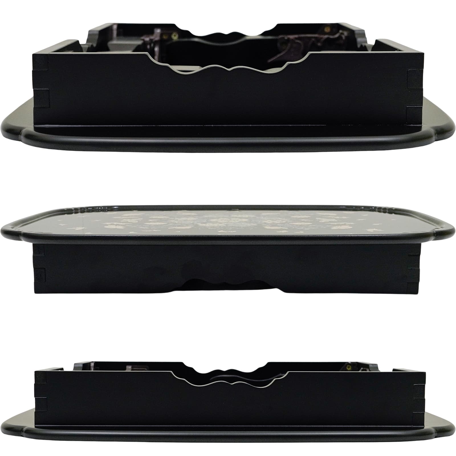 Side views of a foldable black table showcasing the profile and legs.