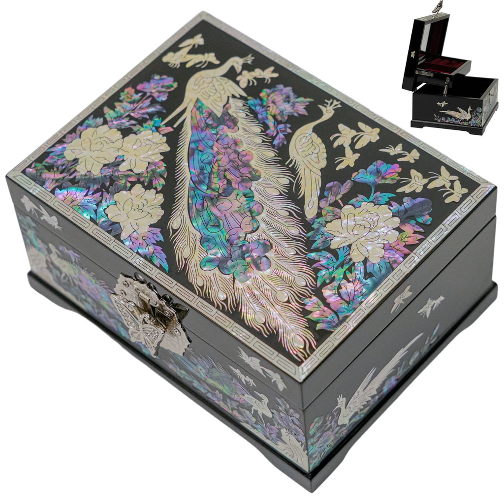 A Mother of Pearl jewelry box with peacock and floral designs in iridescent colors, featuring a small, open upper compartment.