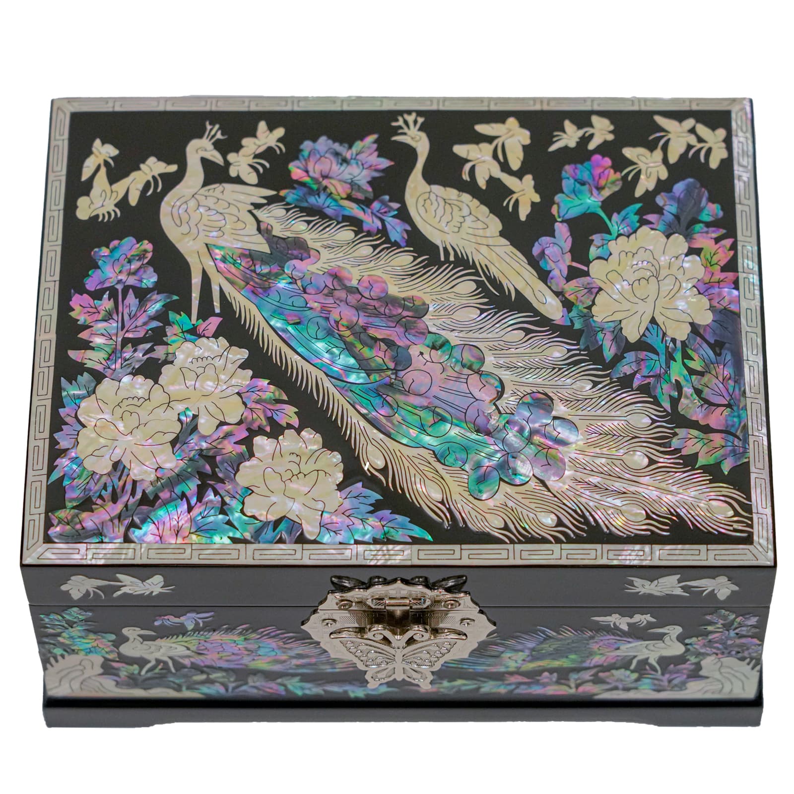 A beautifully crafted Mother of Pearl jewelry box featuring peacock and floral inlays on a geometric-patterned border, closed and viewed from the front.