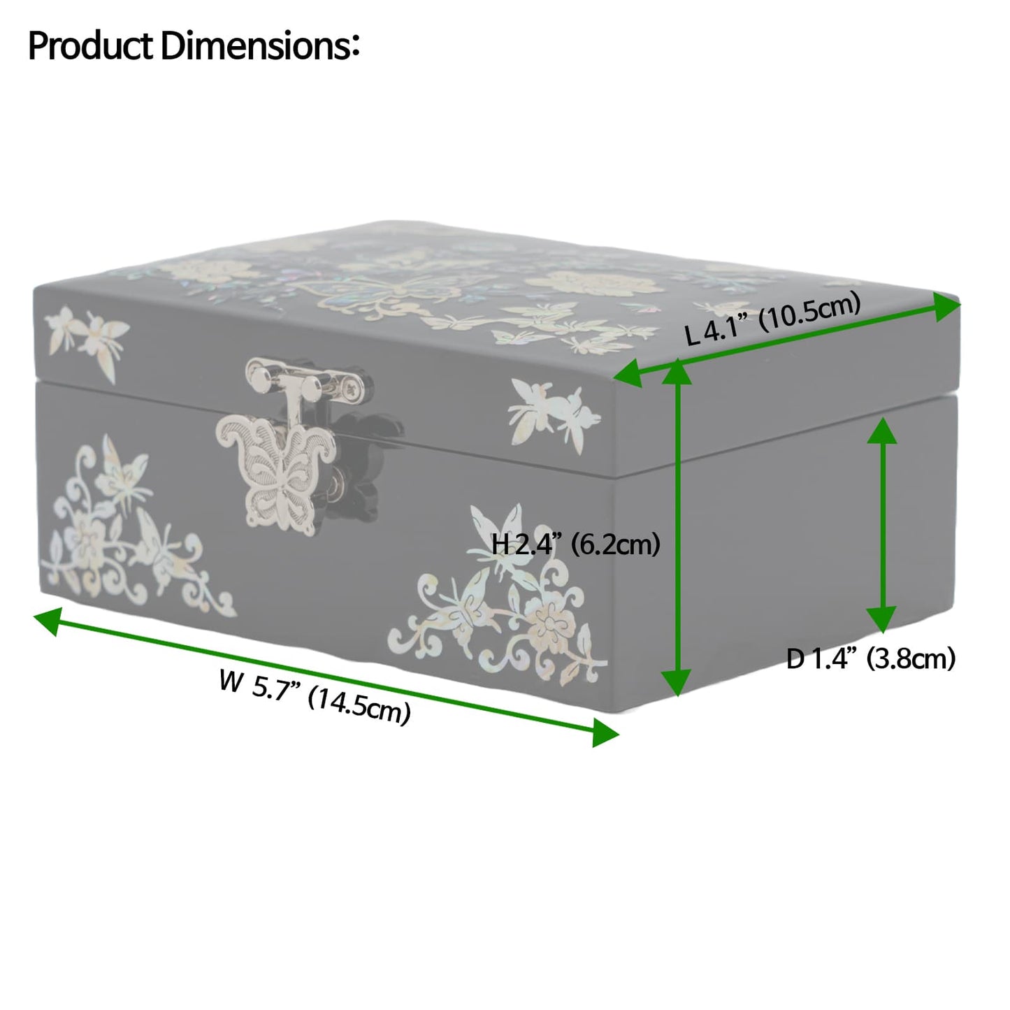 A black jewelry box with mother-of-pearl designs is shown with dimensions labeled: width 5.7 inches (14.5 cm), height 2.4 inches (6.2 cm), length 4.1 inches (10.5 cm), and depth 1.4 inches (3.8 cm).