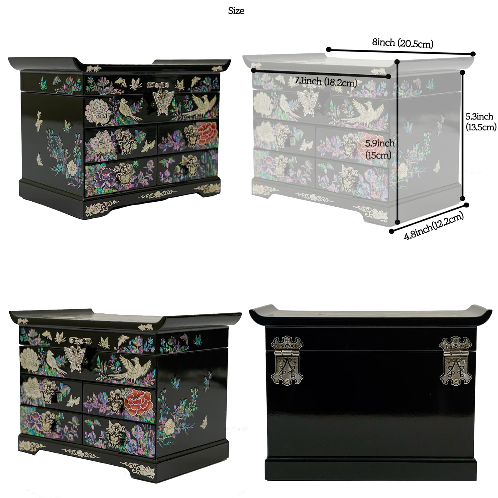 A black lacquered jewelry box adorned with a peacock and floral mother-of-pearl inlay, set against festive decorations, ideal for a gift.