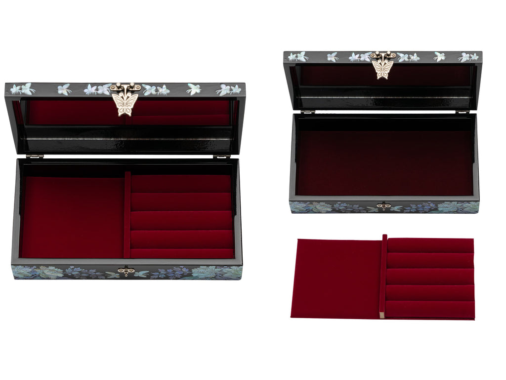 A black lacquered jewelry box with mother of pearl inlay and a red velvet interior, featuring a removable tray and a butterfly detail on the lid's clasp.
