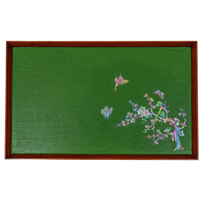 A green rectangular tray with a wood frame and mother-of-pearl inlay depicting butterflies and flowers.