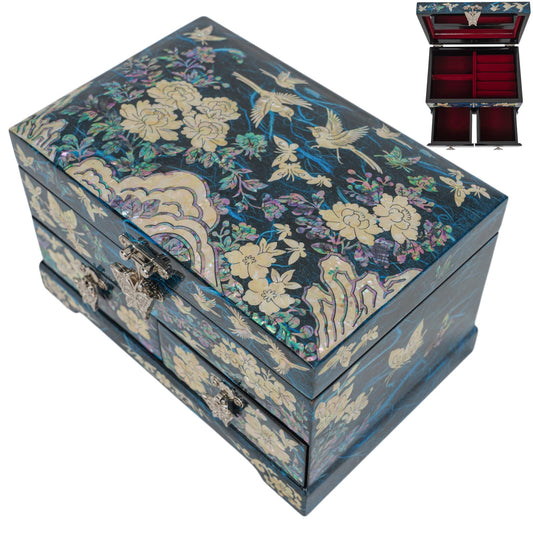 Angled top view of floral mother-of-pearl jewelry box with red-lined interior preview