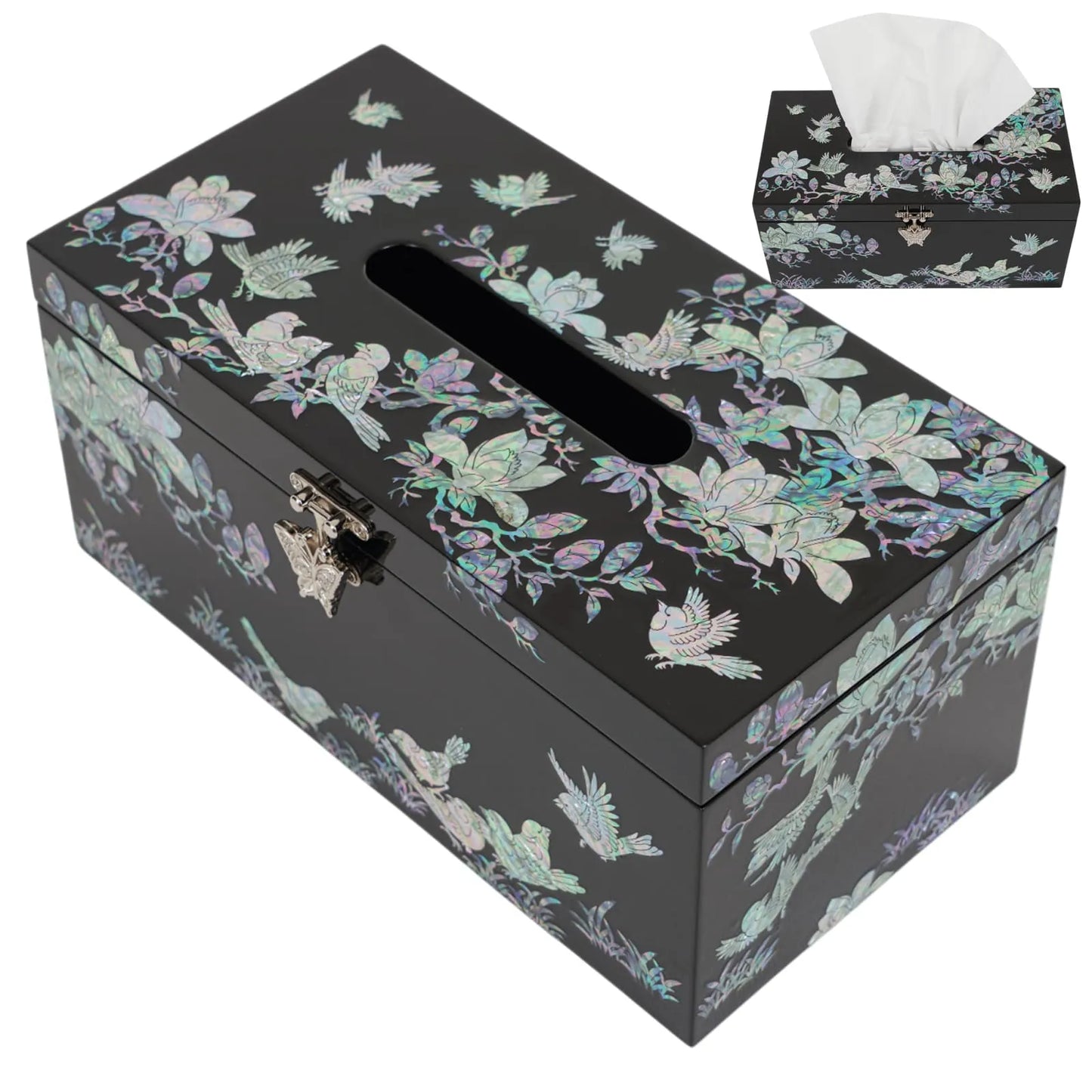 Angled view of black abalone-inlaid tissue box with butterfly clasp and floral design