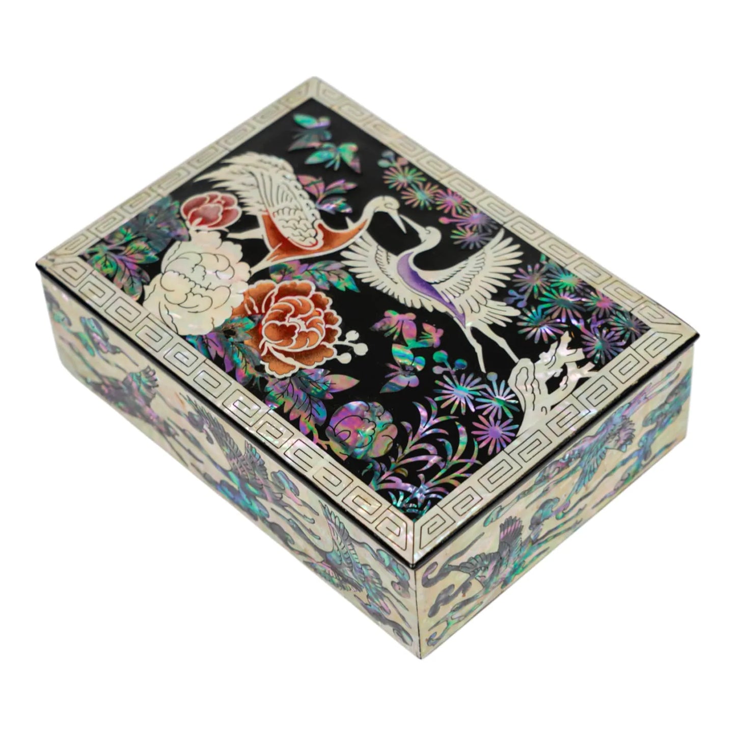 Mother-of-Pearl Trinket Box – Cranes & Peonies on Black Lacquer