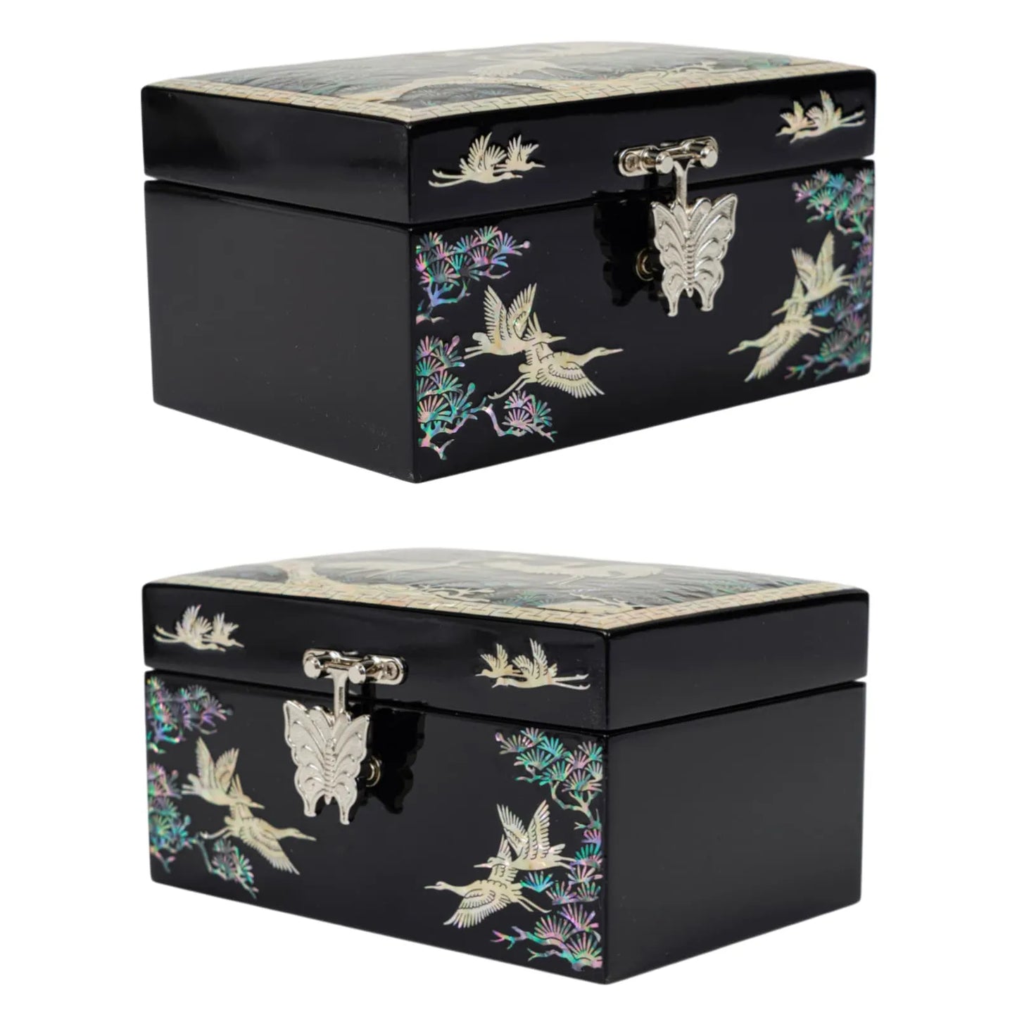 Angled views of black lacquer box with colorful crane and pine inlay and silver latch