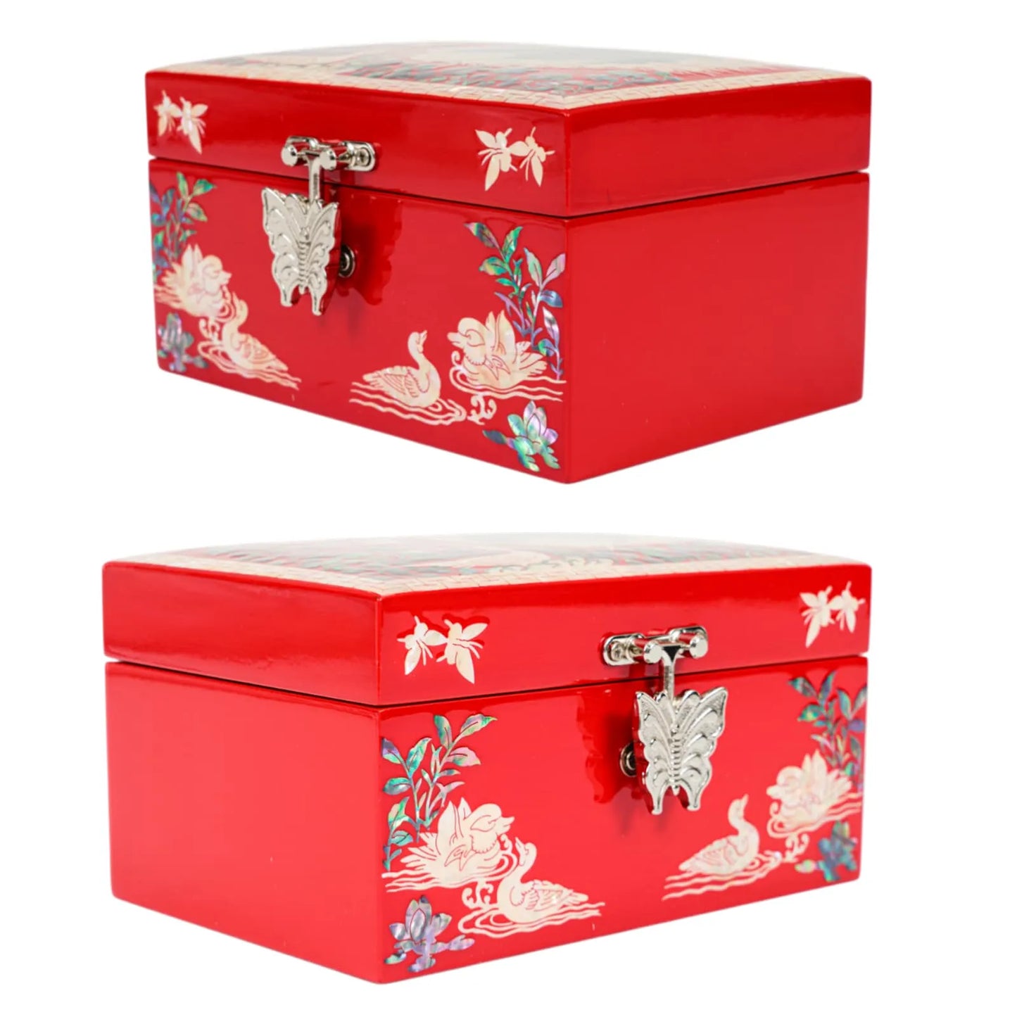 Angled views of red lacquer jewelry box with swan inlays and metal butterfly latch