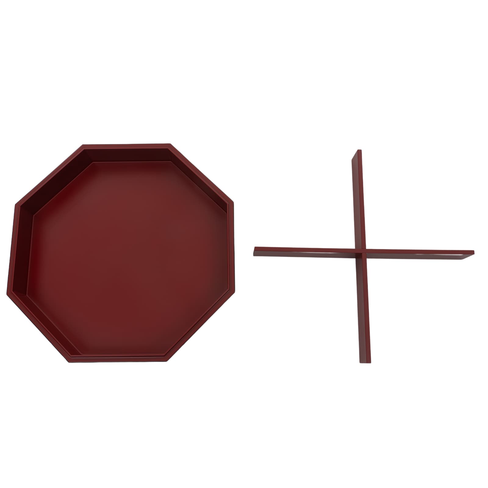 An octagonal red lacquer box base with a simple, elegant design, accompanied by its divider, all set against a white background for contrast.
