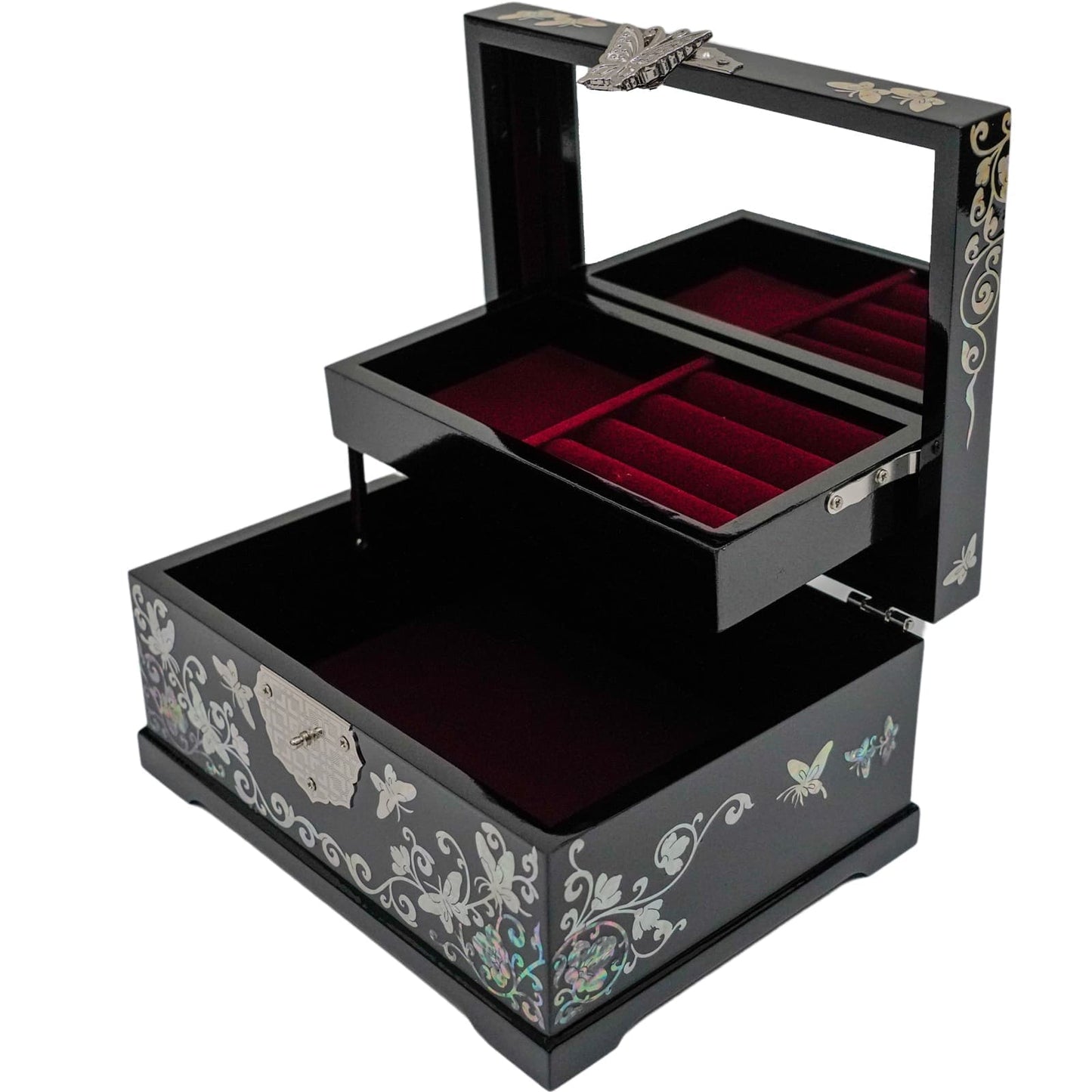 An open black jewelry box with mother-of-pearl inlay and velvet-lined trays, featuring a butterfly detail on the mirror.