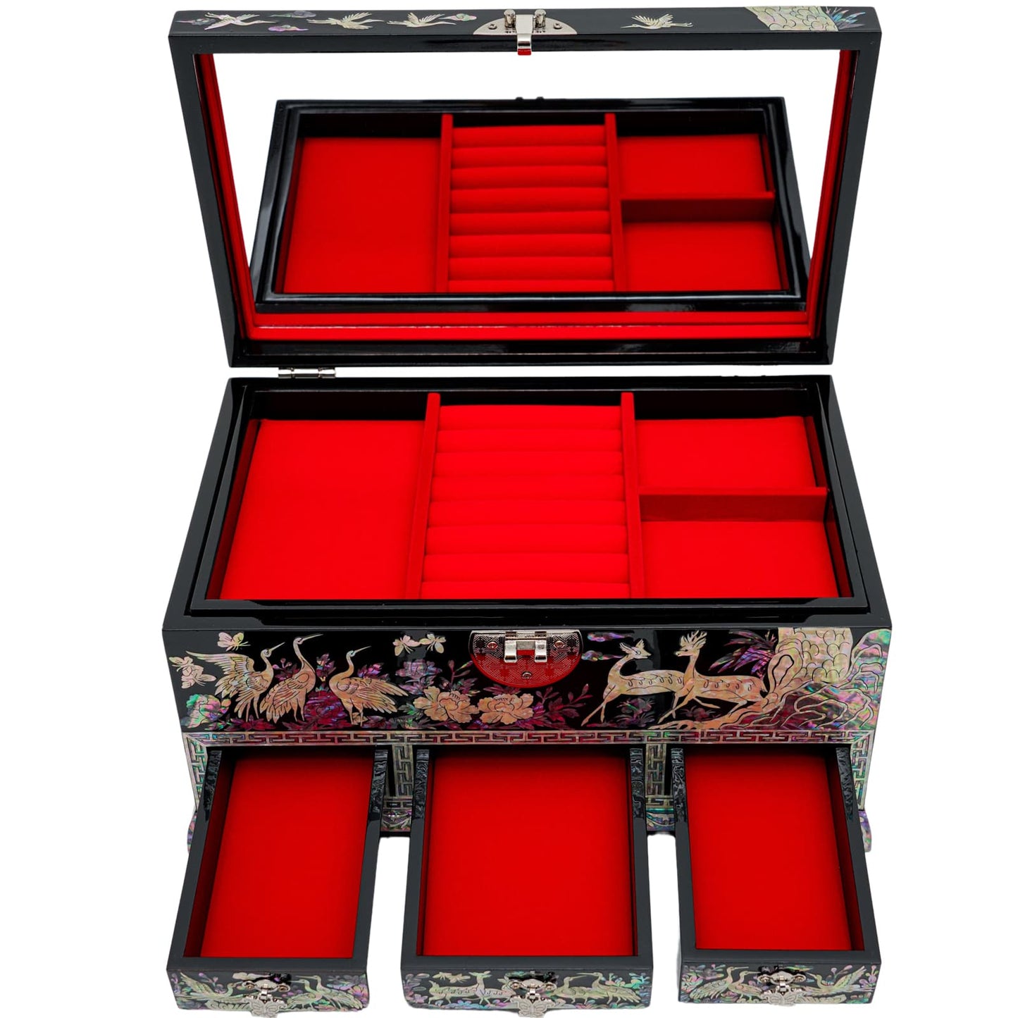 An opened large black lacquer jewelry box with vibrant red interior compartments and drawers, adorned with mother-of-pearl inlay depicting traditional Korean scenes with cranes and deer.