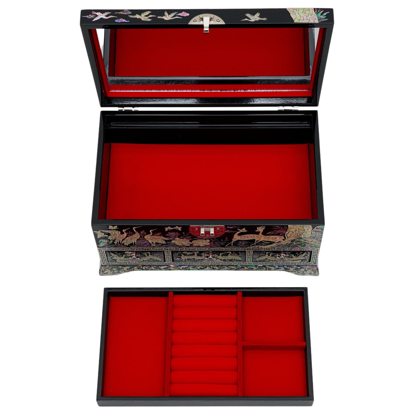 An open lacquered jewelry box with mother-of-pearl inlay detailing, featuring a large upper compartment and three drawers, all lined with red velvet, perfect for storing various pieces of jewelry.