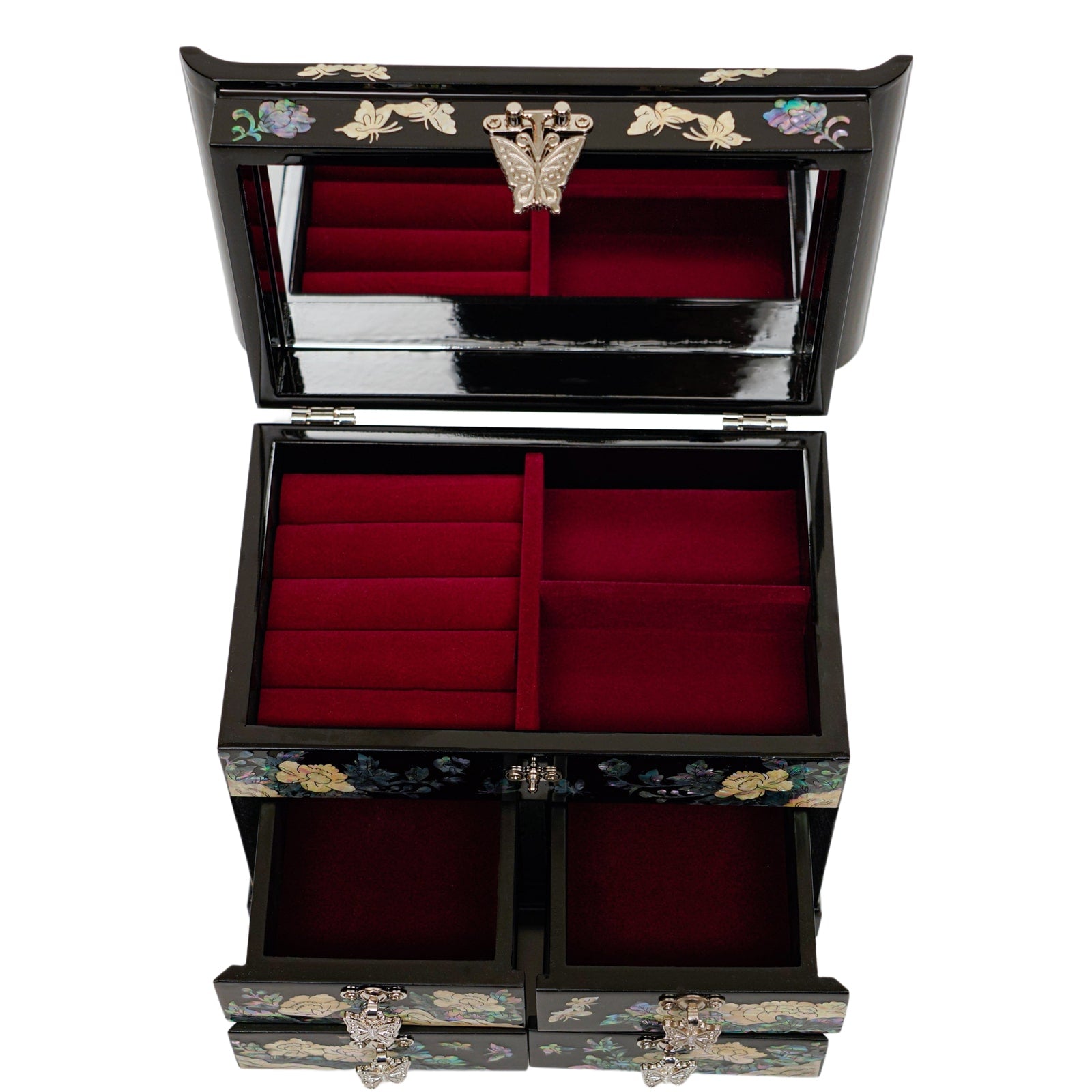 An open mother-of-pearl inlaid box revealing red felt-lined compartments.