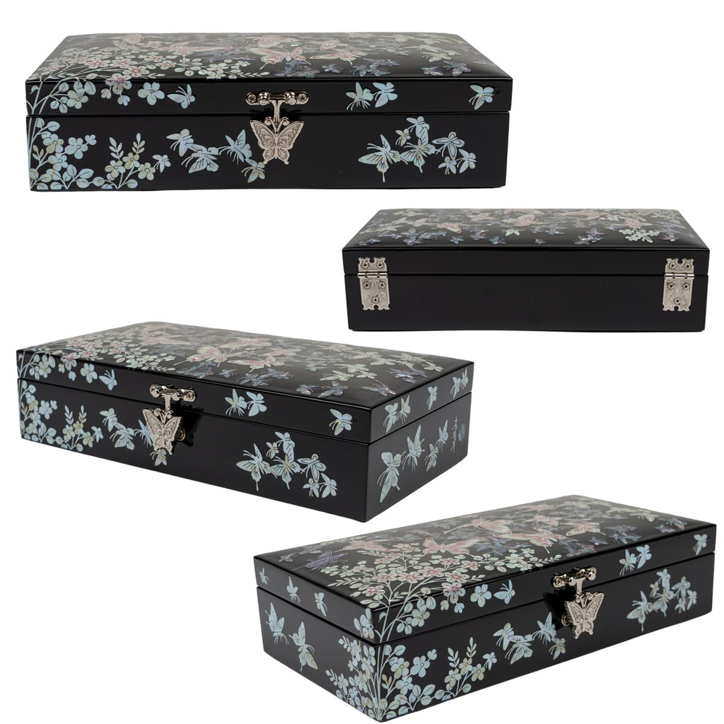 A set of images showing a black lacquered jewelry box from different angles, featuring mother of pearl inlays of floral and butterfly motifs with metallic clasp