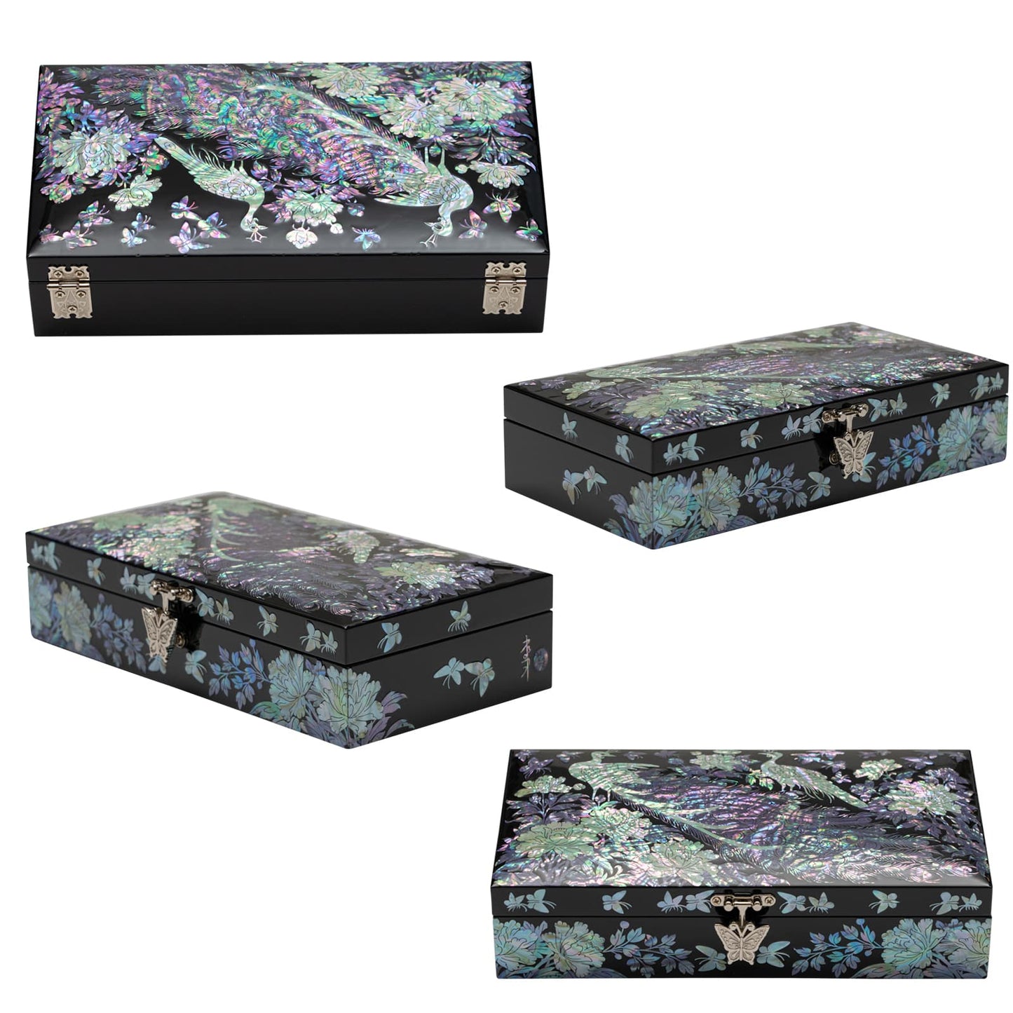A set of images showing various angles of a black jewelry box with a detailed mother of pearl peacock design and metallic clasps.