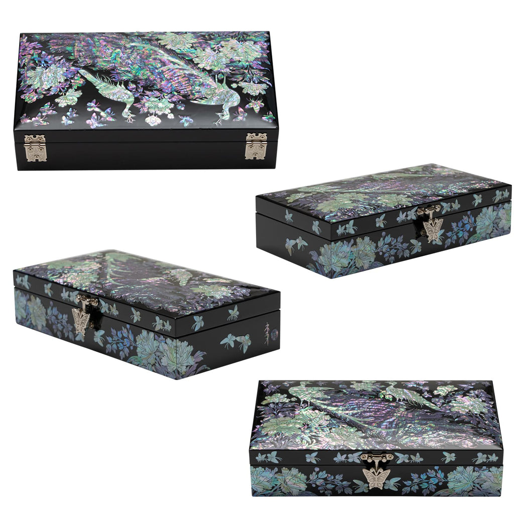 A set of images showing various angles of a black jewelry box with a detailed mother of pearl peacock design and metallic clasps.