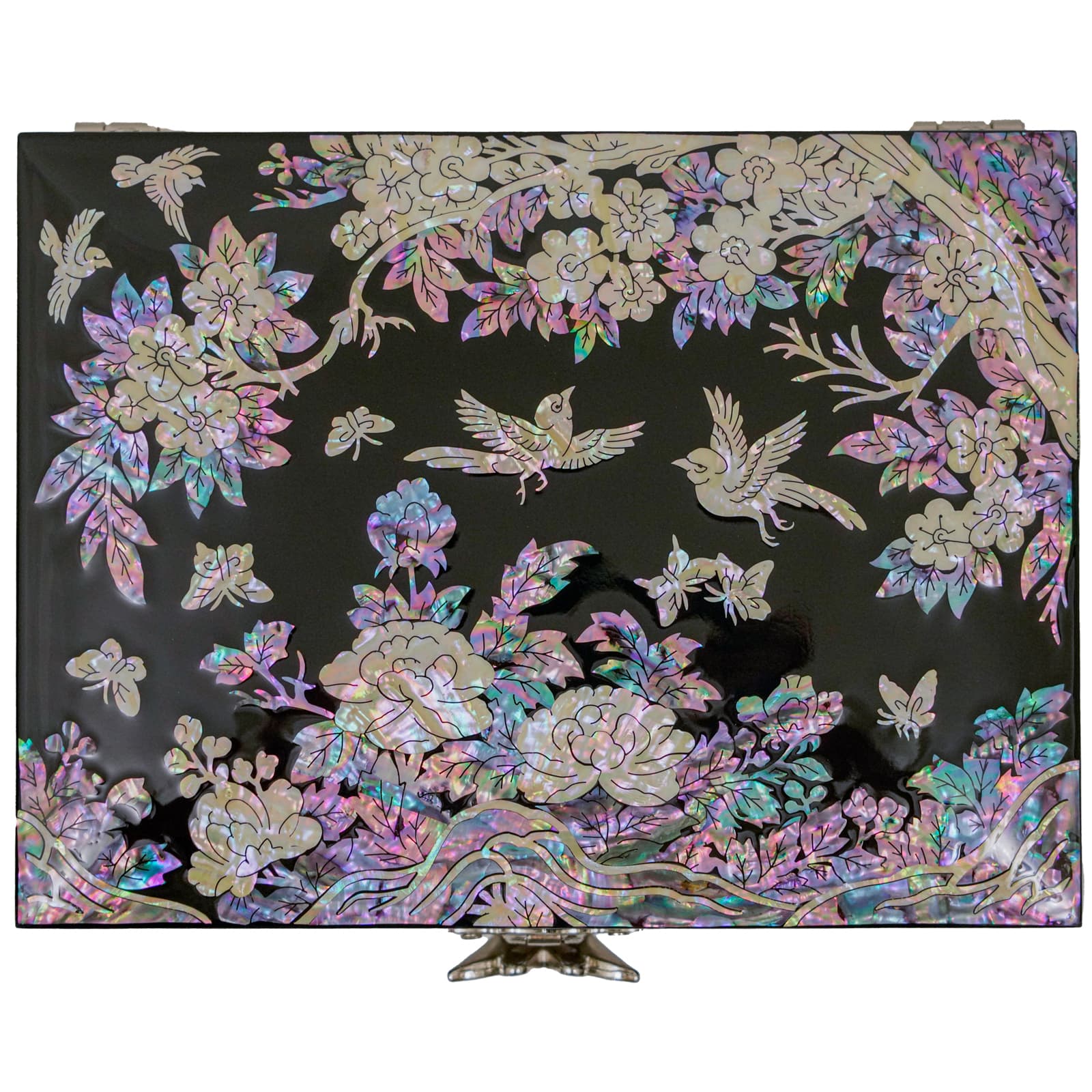 An iridescent, floral and bird-themed mother-of-pearl inlaid box with a hinged lid, viewed from the top.