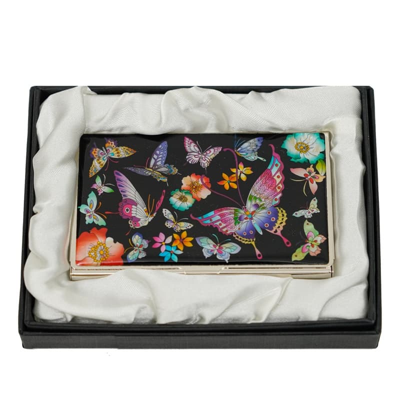 This is a mother of pearl business card holder featuring a vibrant butterfly design. It is encased in a black presentation box with a white satin interior lining, suggesting it is a premium or gift item.
