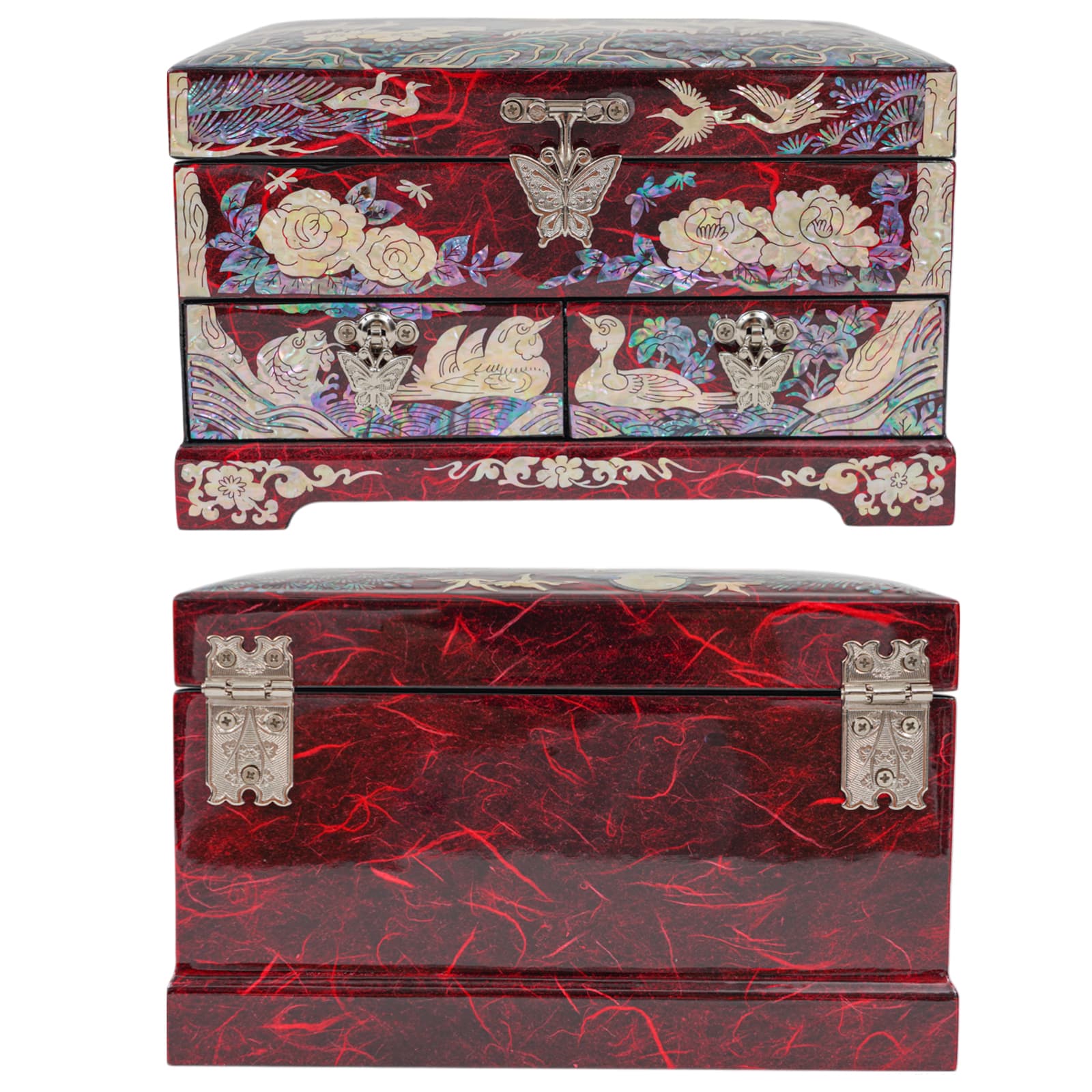 Back and front view of red jewelry box with metal hinges and crane inlay design