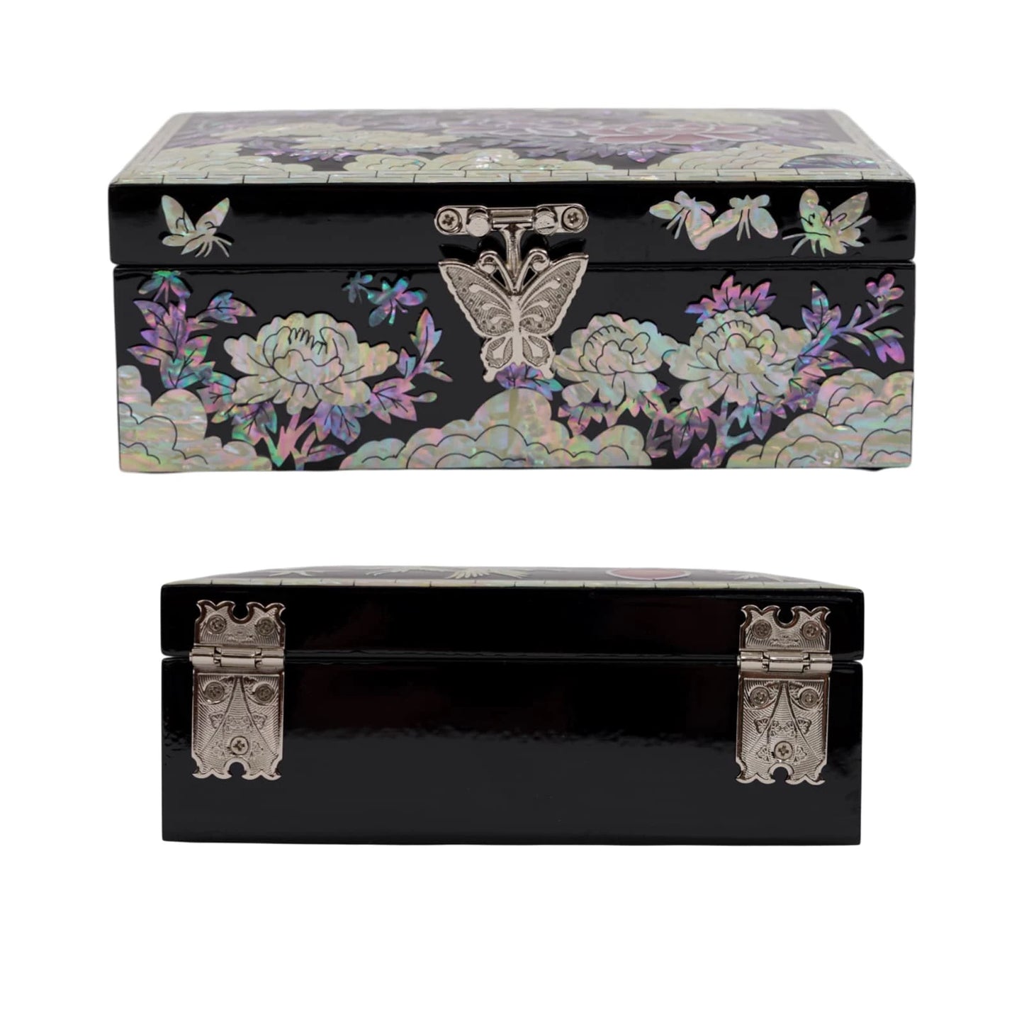 Back view of handcrafted mother of pearl jewelry box with smooth black lacquer finish and decorative metal hinges