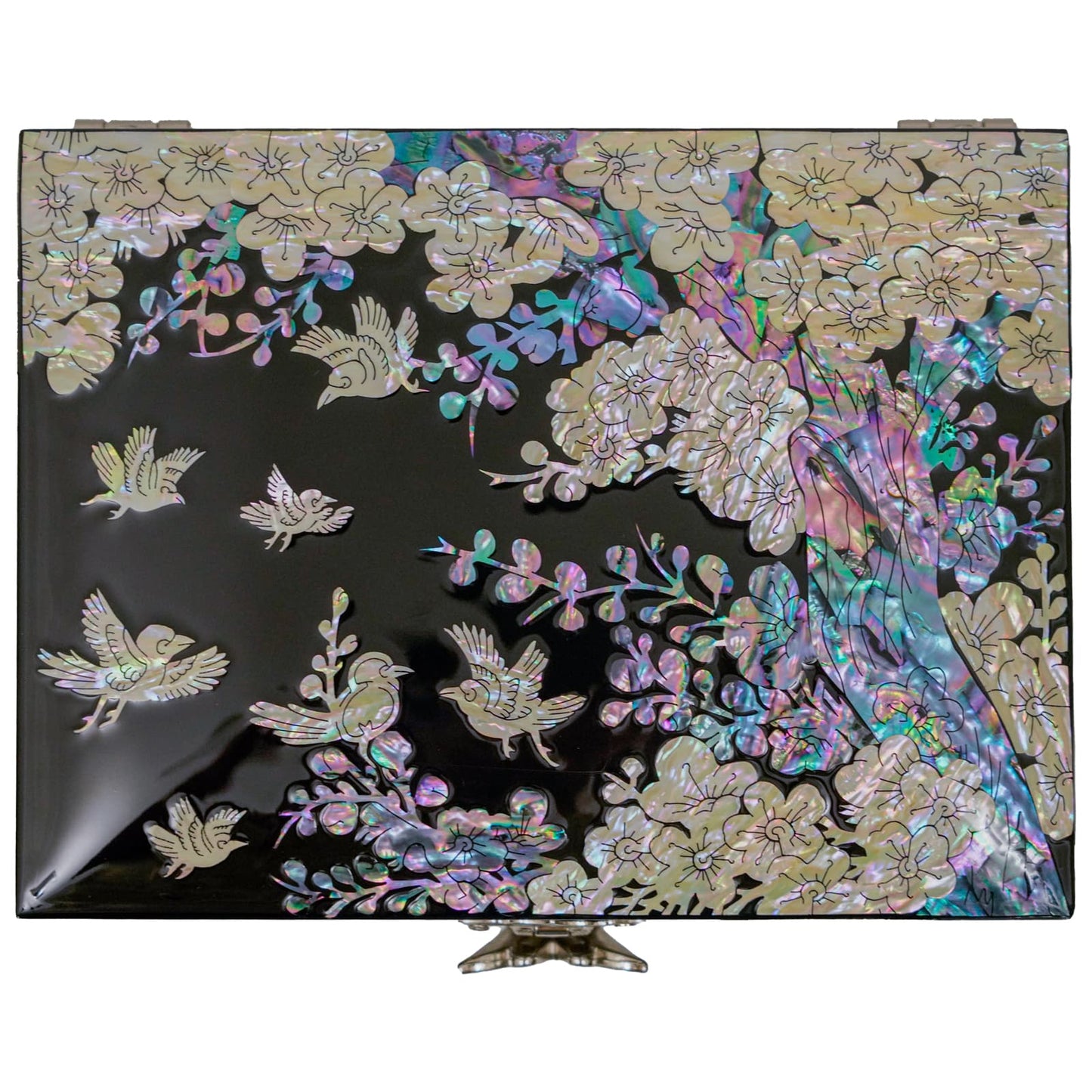 A decorative box with a mother-of-pearl inlay showing birds and flowers on its lid, with a metallic hinge visible, set against a black background.