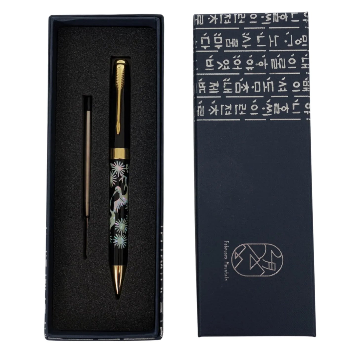 Black crane pen in gift box with refill, Korean script on lid