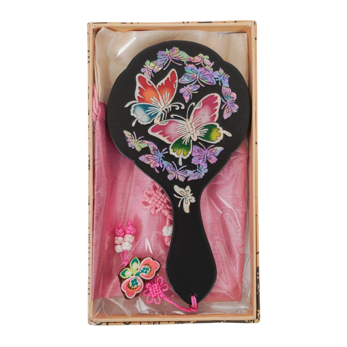 Black hand mirror with colorful butterfly design in gift box with pink pouch