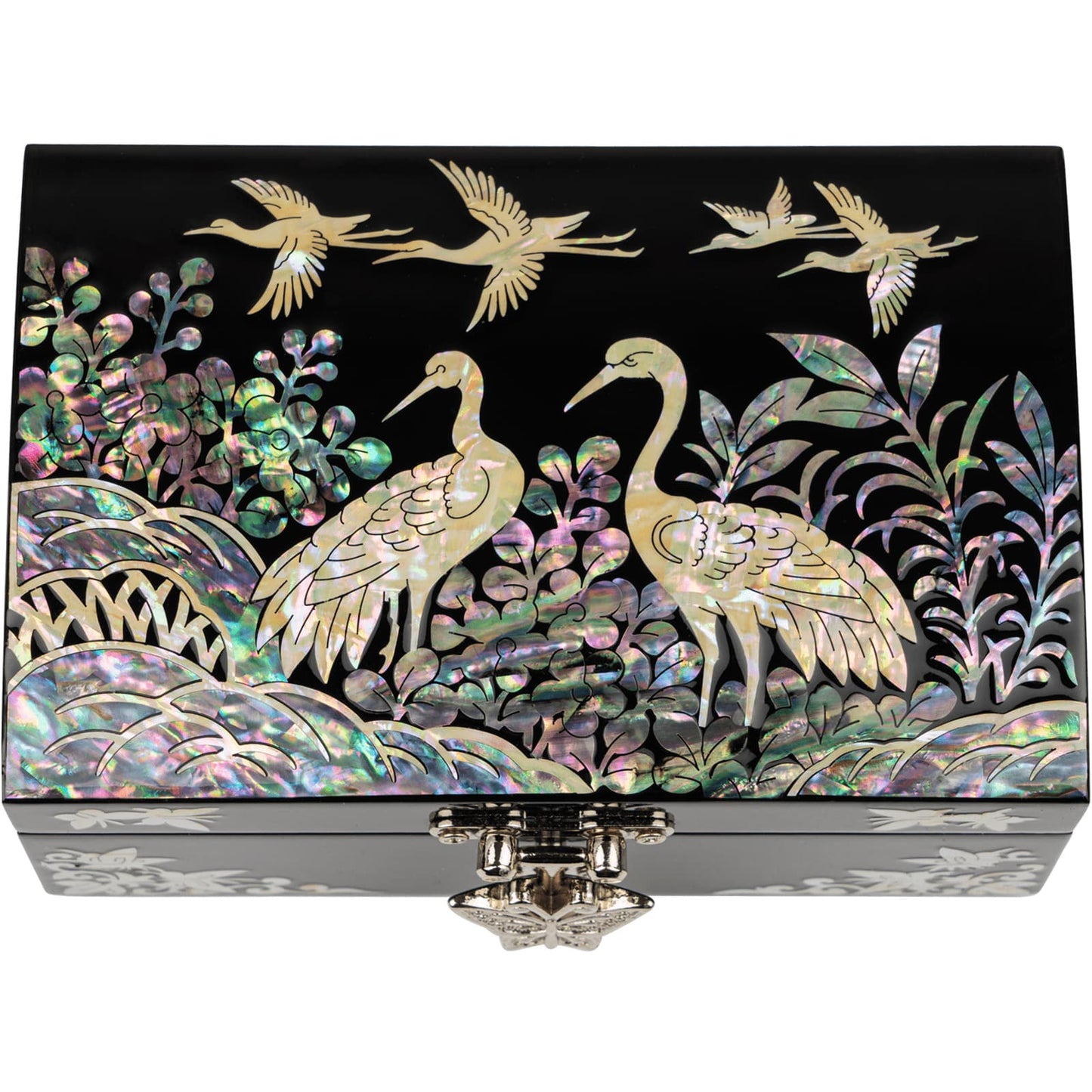 Black jewelry box with crane and flying bird mother-of-pearl inlay on glossy surface