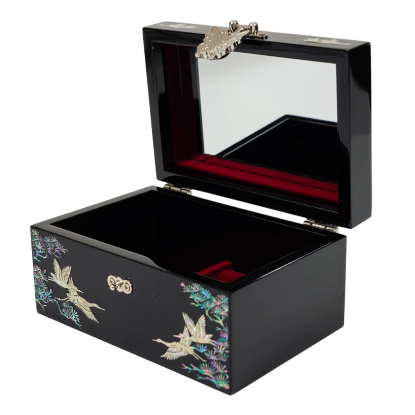 Black jewelry box with open lid, mirror, and flying cranes in shimmering inlay design