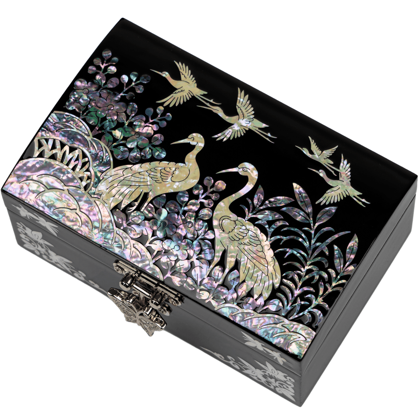 Black lacquer box with cranes and foliage in mother-of-pearl inlay