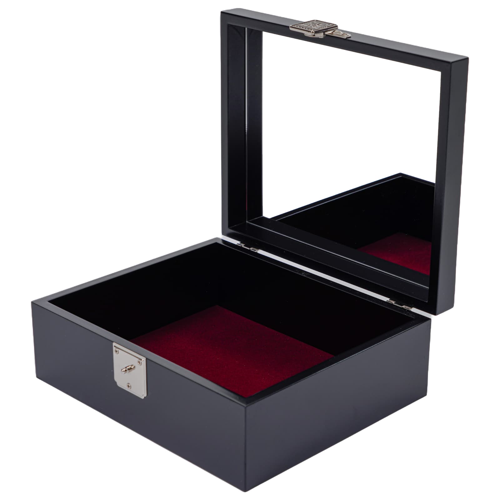 Black lacquered jewelry box with a mirror lid and burgundy velvet interior, shown open at an angle