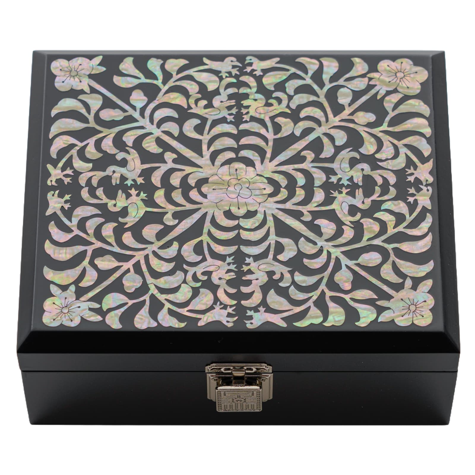 Black lacquered jewelry box with a secure metal latch, adorned with an intricate floral mother-of-pearl inlay