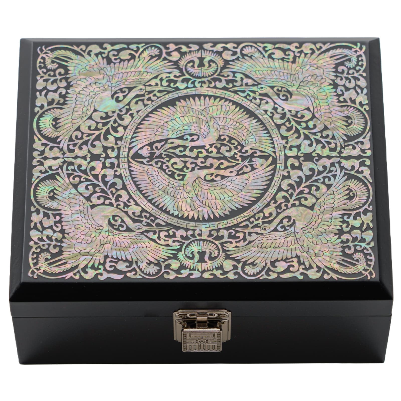 Black lacquered jewelry box with a secure metal latch, featuring an elegant, subtle mother-of-pearl design