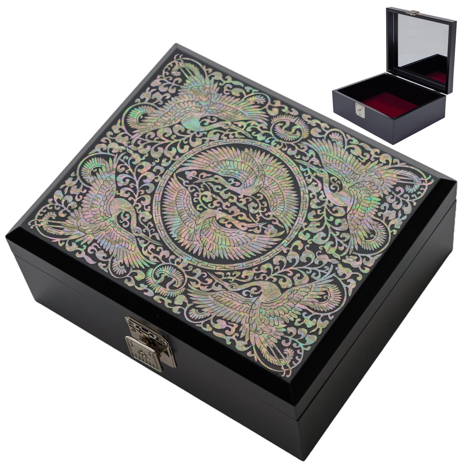 Black lacquered jewelry box with a secure metal latch, featuring an elegant, subtle mother-of-pearl design