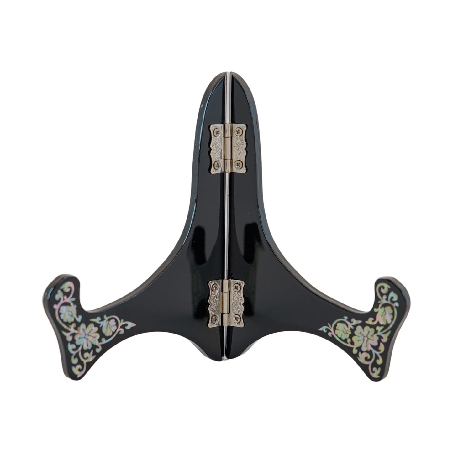 Black lacquered plate stand with mother-of-pearl inlay and metal hinges, designed to hold and display decorative plates