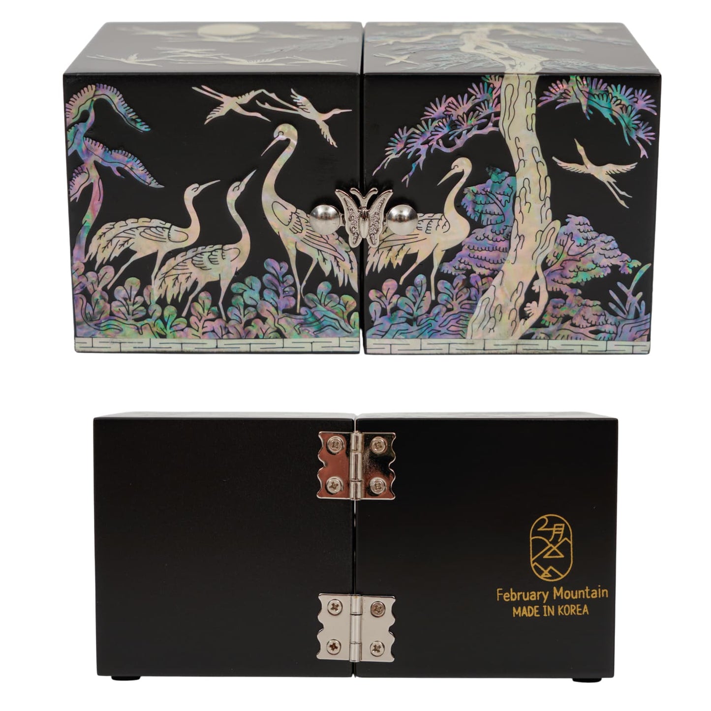Black lacquer jewelry box with crane and pine inlay, February Mountain logo, made in Korea