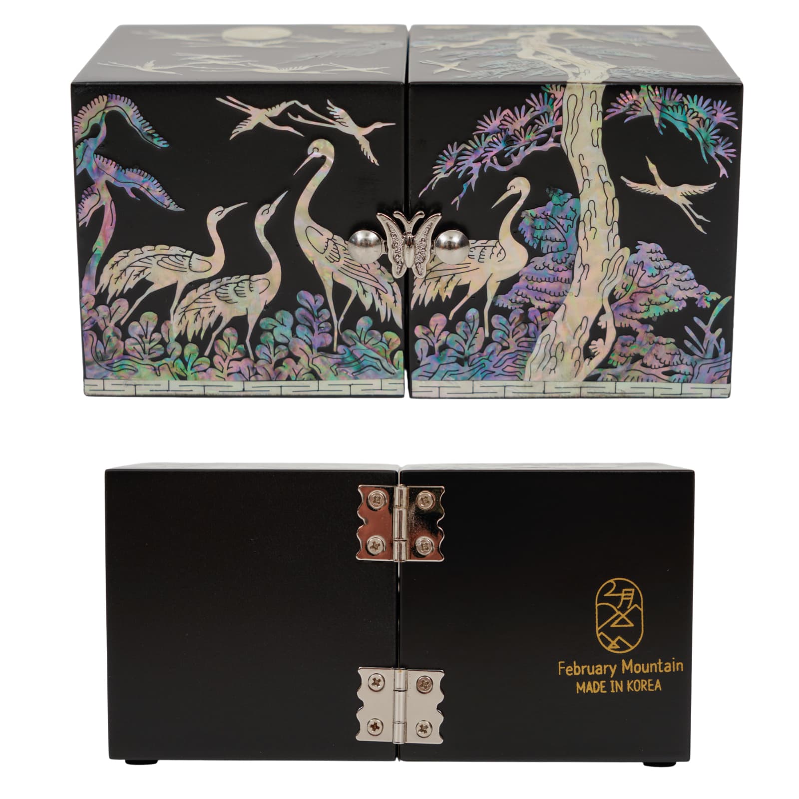 Black lacquer jewelry box with crane and pine inlay, February Mountain logo, made in Korea