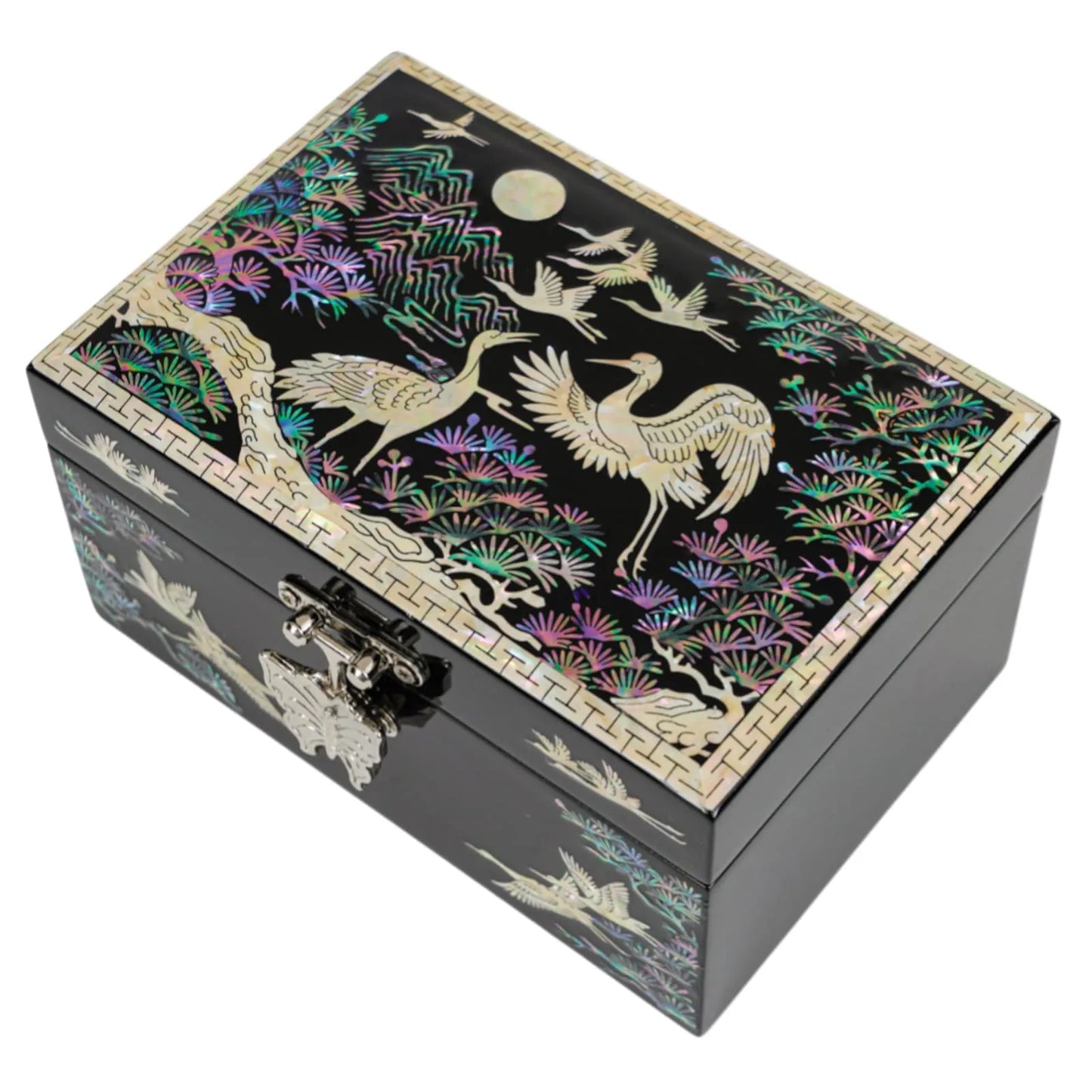Black lacquer jewelry box with crane and pine in mother-of-pearl inlay under moonlight