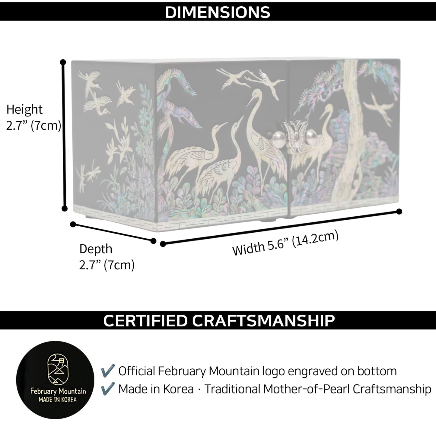 Black lacquer jewelry box with crane inlay, showing 14.2 cm × 7 cm dimensions and logo proof