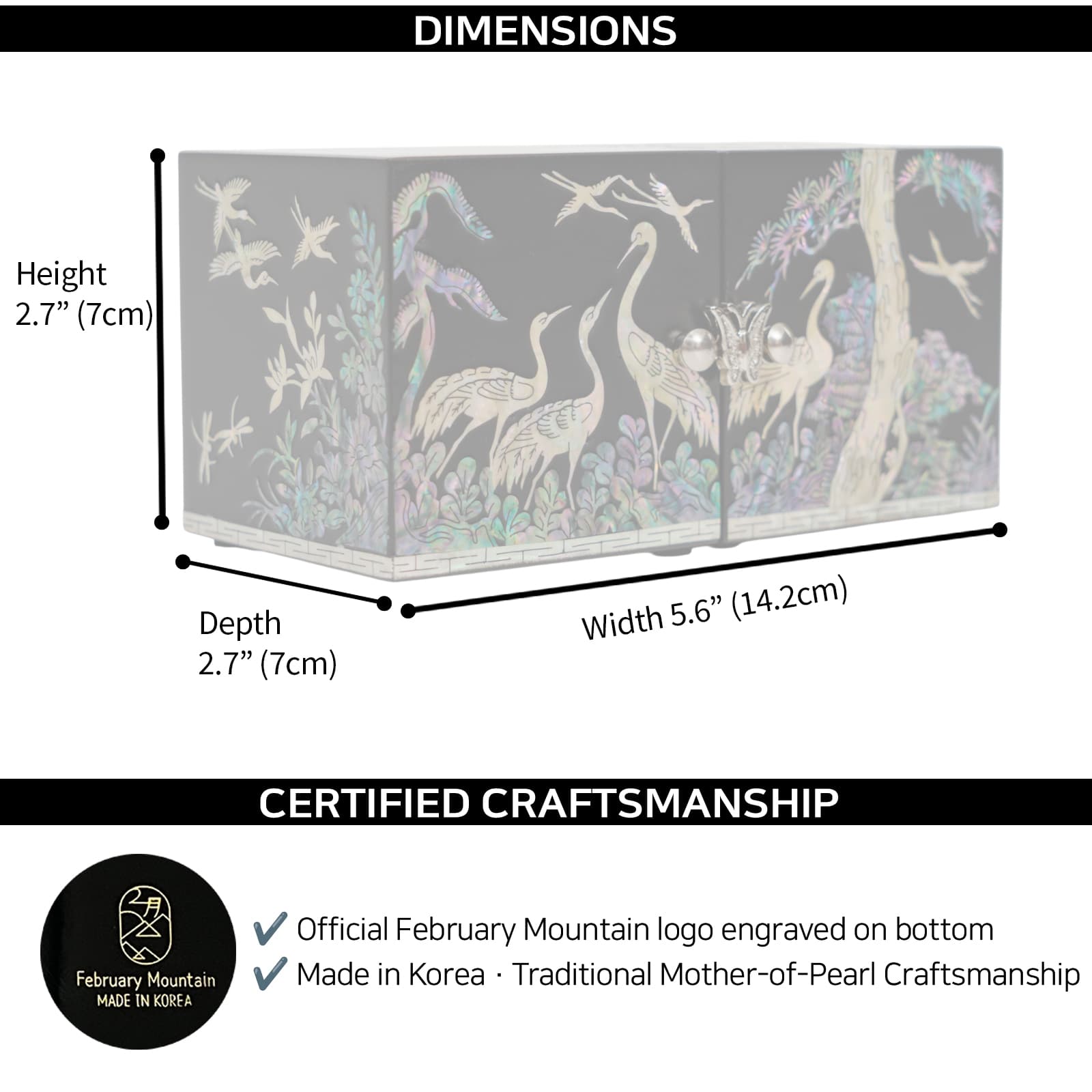 Black lacquer jewelry box with crane inlay, showing 14.2 cm × 7 cm dimensions and logo proof